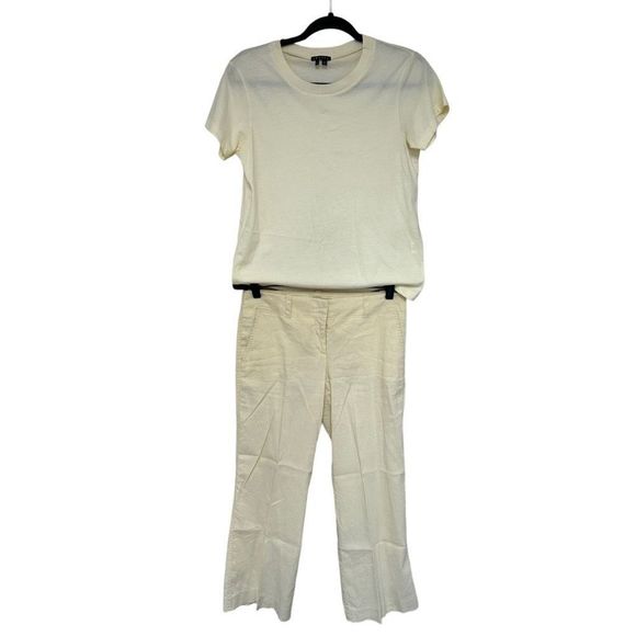 Theory Women's Cream Cotton Top And Linen Blend Pants Set Size Medium 6 - Picture 1 of 16